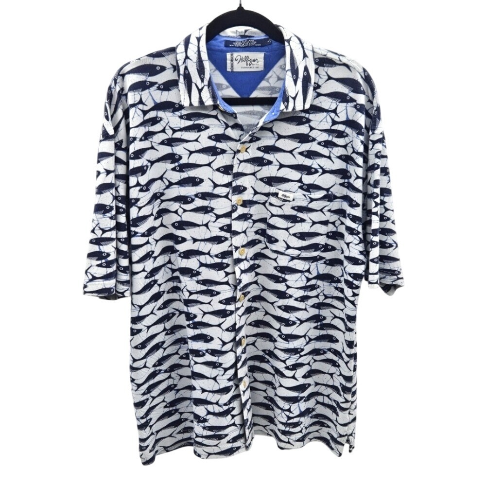Tommy Hilfiger Surf Co Fish Print Button Down Shirt Mens Large Navy White Cotton